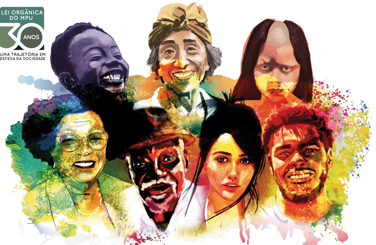 Ilustração com sete pessoas diferentes em fundo aquarelado colorido. No canto superior esquerdo o selo comemorativo dos 30 anos da lei complomentar 75